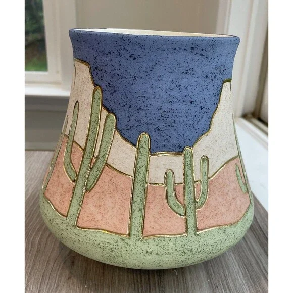Southwestern style pottery cactus Desert gold accent large